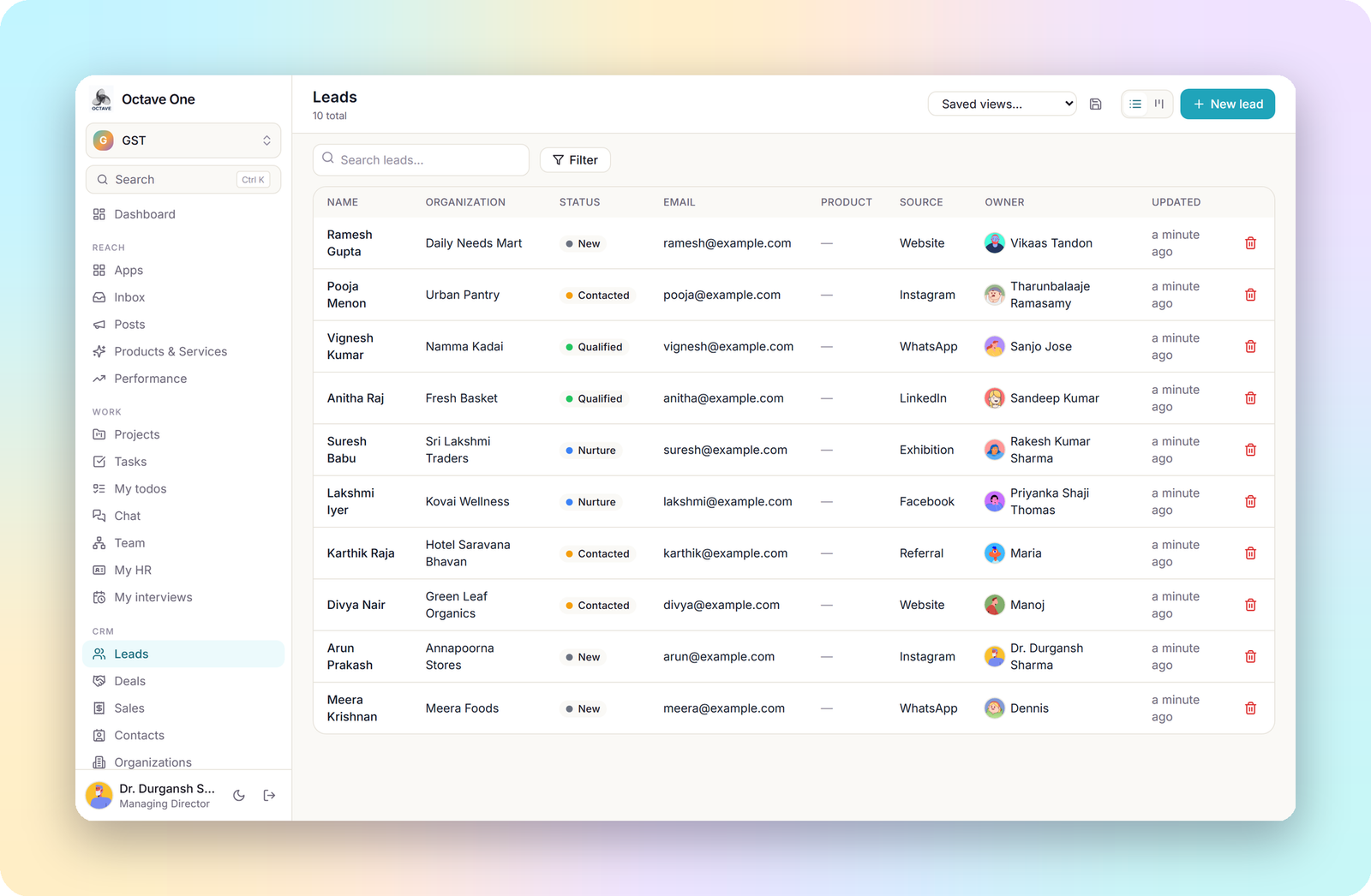 The leads list in Octave One: name, organization, status, source and owner for each enquiry